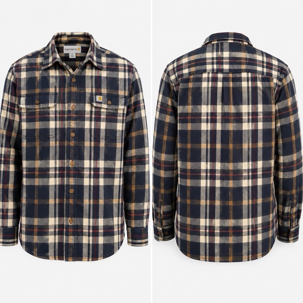 Carhartt Mens XL Navy Plaid Flannel Long Sleeve Button Down Shirt Workwear